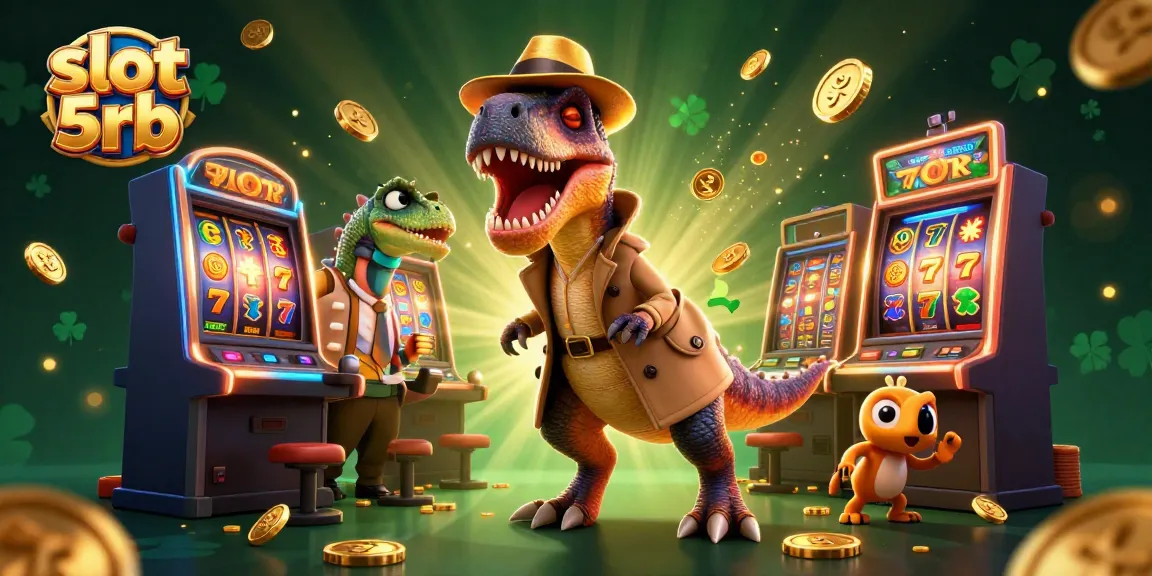 Win big with slot 5rb featuring a stealthy velociraptor card counter at a dynamic slot machine scene.