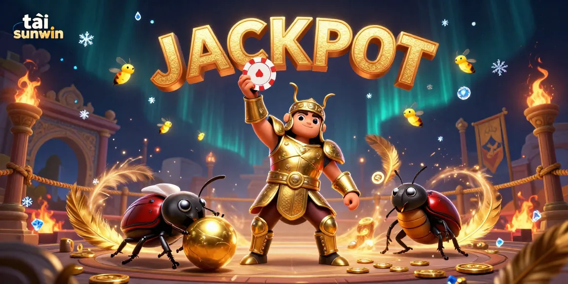 Play to win with tải sunwin: Exciting 3D casino illustration featuring a victorious beetle in gladiator armor.