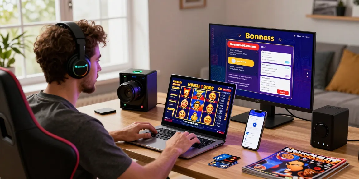 Gamer at home exploring top credit card casinos via https://transact.org.uk, with vibrant gaming setup and promotions.